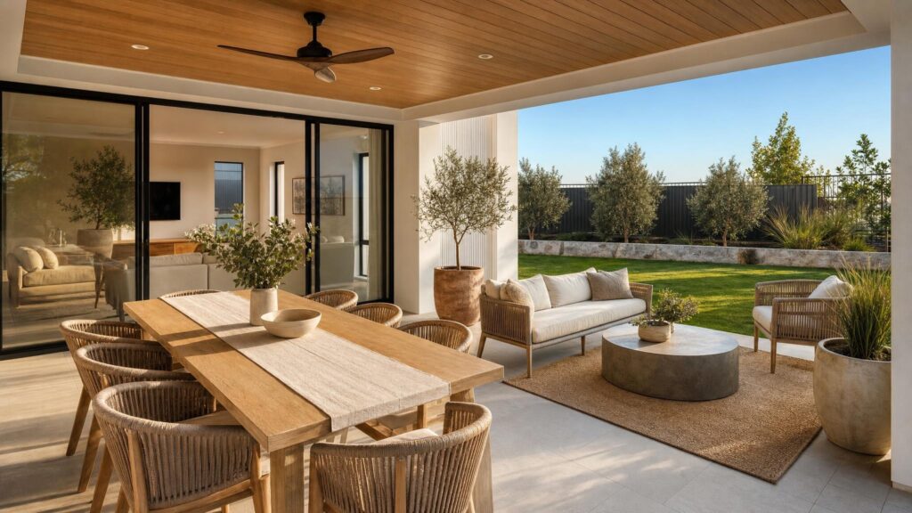 Staged alfresco area at a Perth home with an outdoor dining table, lounge setting and olive trees