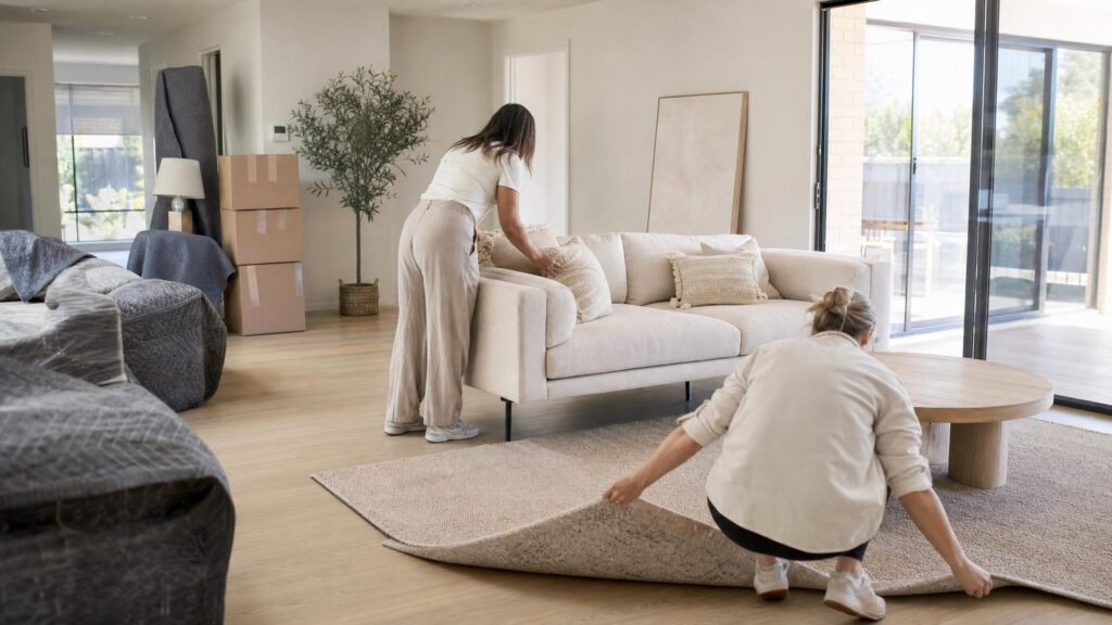 Home staging team installing furniture and styling a living room in a Perth home