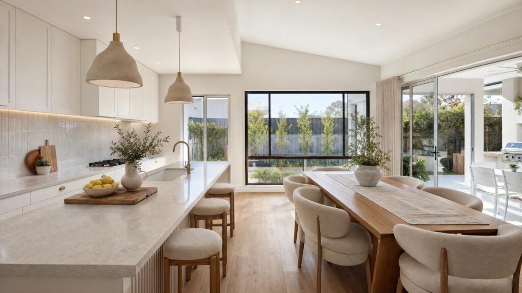 Staged open-plan kitchen and dining area with a stone island, oak dining table and glass doors to an outdoor entertaining area