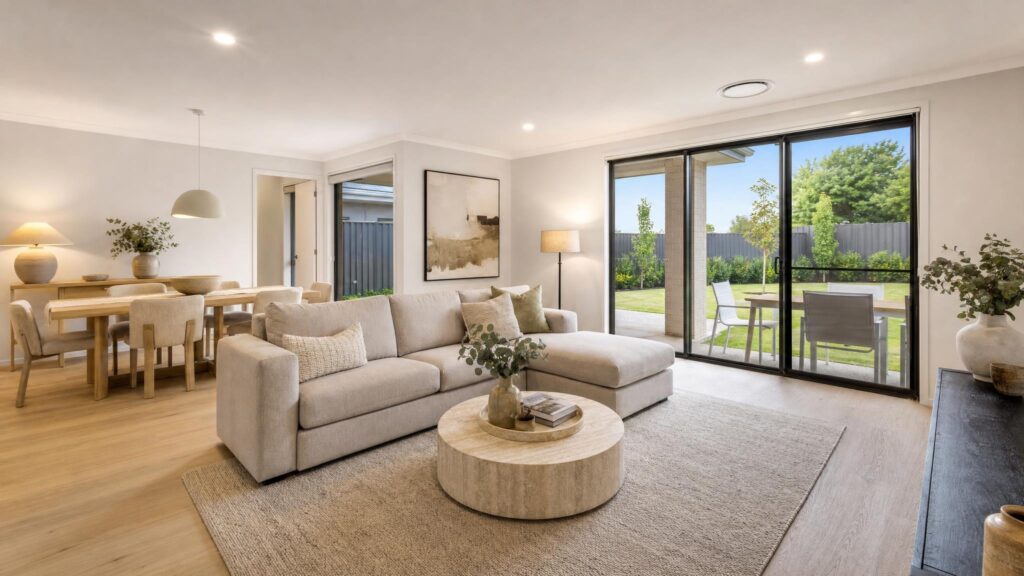 Professionally staged open-plan living and dining area in a Perth home, with a neutral sofa, round stone coffee table and glass doors to the backyard