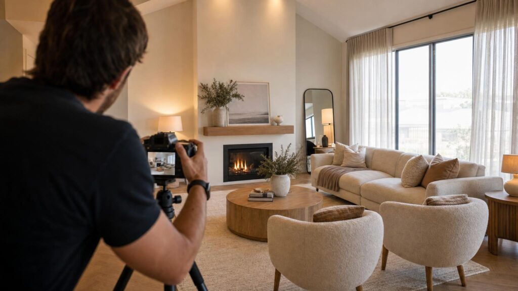Real estate photographer on a tripod photographing a professionally staged living room with a fireplace and high ceilings