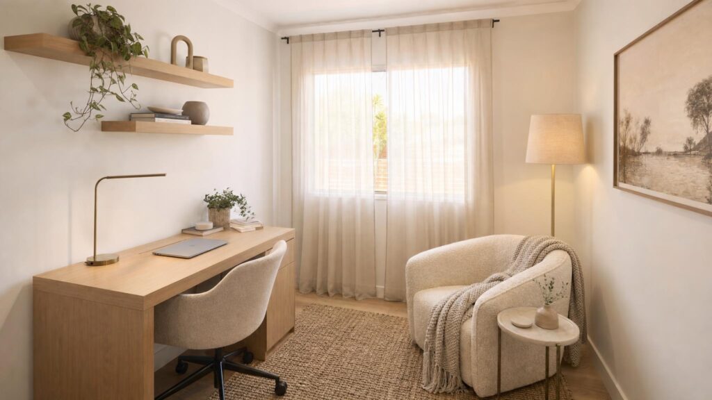 Spare room staged as a home office and reading nook, with an oak desk, floating shelves and a boucle armchair