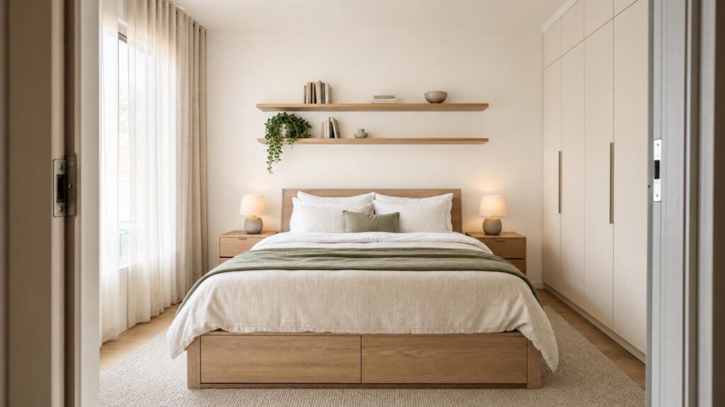 Calm one-bedroom apartment bedroom with an oak storage bed, matching bedside tables and floating wall shelves