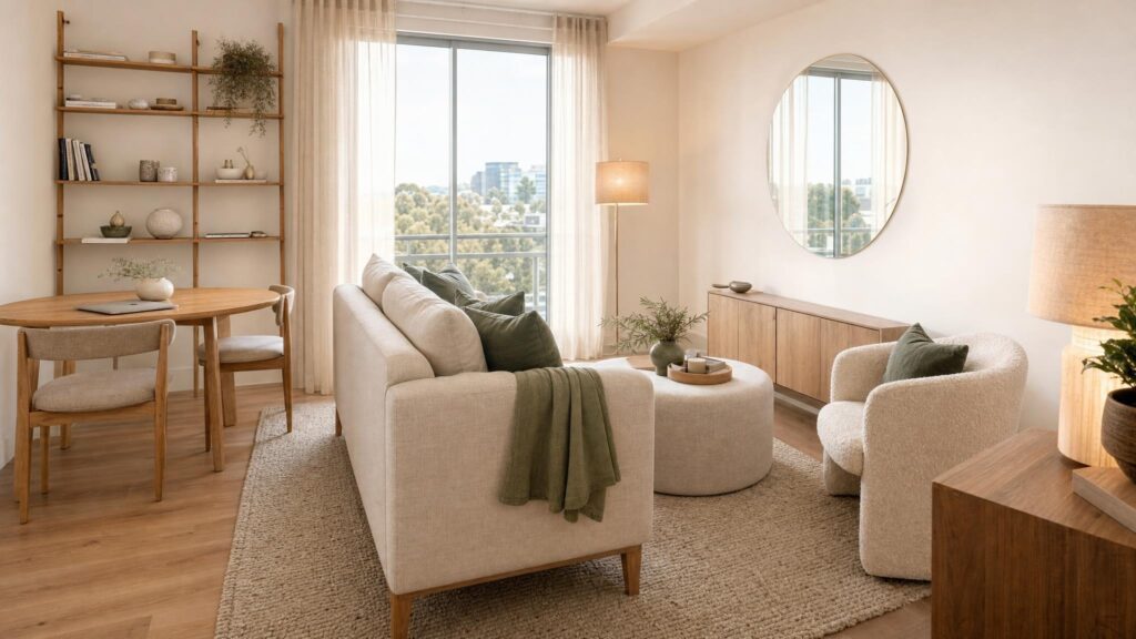 Open-plan one-bedroom apartment with a sofa on a rug marking out the living area, a round ottoman and a small oak dining table