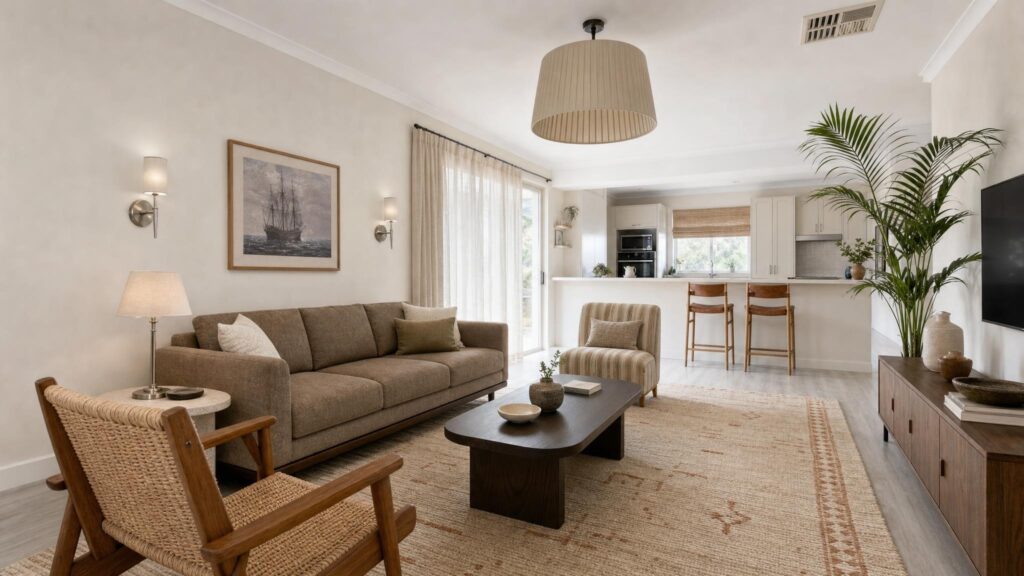 The same living room updated with linen curtains, layered lighting, a mix of furniture and a warm rug